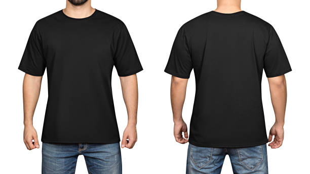 black t-shirt on a young man white background, front and back - black backgound imagens e fotografias de stock