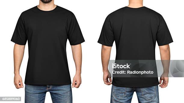 Foto de Tshirt Preta Sobre Um Jovem Homem Fundo Branco Frente E Costas e mais fotos de stock de Camiseta