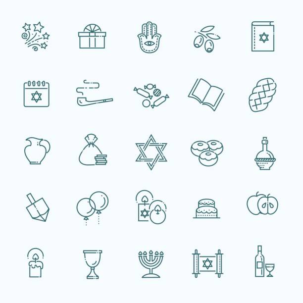 Outline icon collection - Symbols Of Hanukkah Israel Judaism Icons Collection. Line Happy Hanukkah Icons Set. chocolate gelt stock illustrations