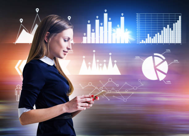 istock Side view of woman with phone and graphs 685889368