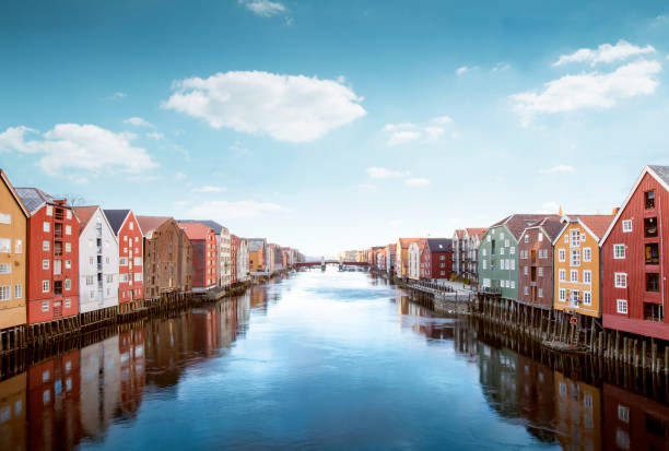 Colorful wooden houses in Trondheim, Norway stock photo