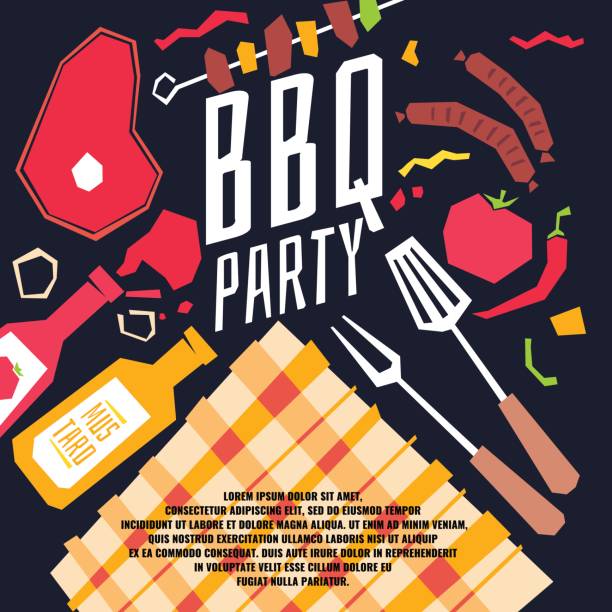 nowoczesny plakat bbq party z obrusem w kratkę, grill, warzywa - grilled tablecloth kitchen utensil summer stock illustrations