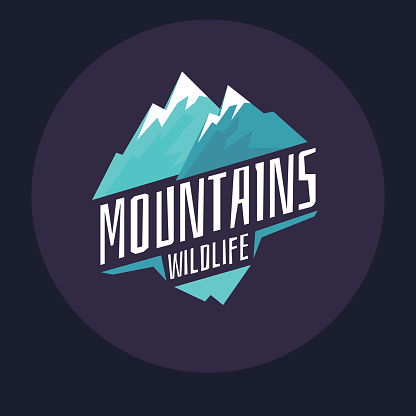 Modern emblem mountains with snow in the circle on a dark background. Vector image in flat cartoon style