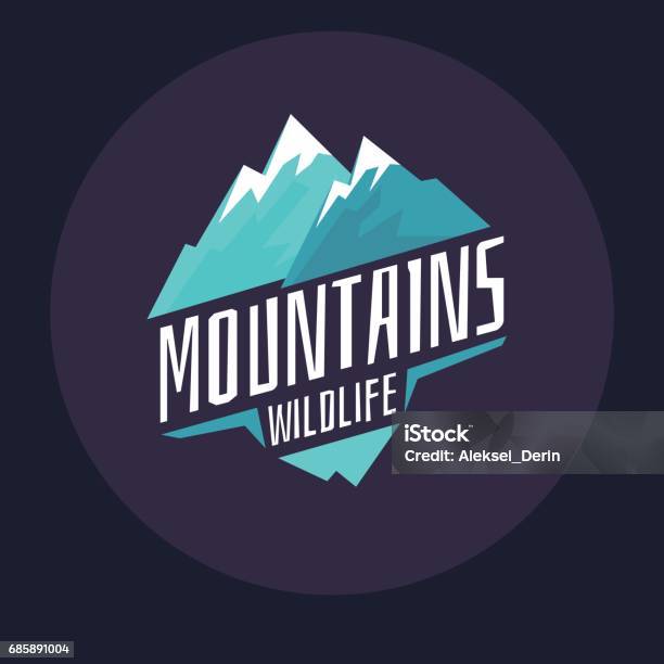 Modern Emblem Mountains With Snow In The Circle On A Dark Background Stock Illustration - Download Image Now