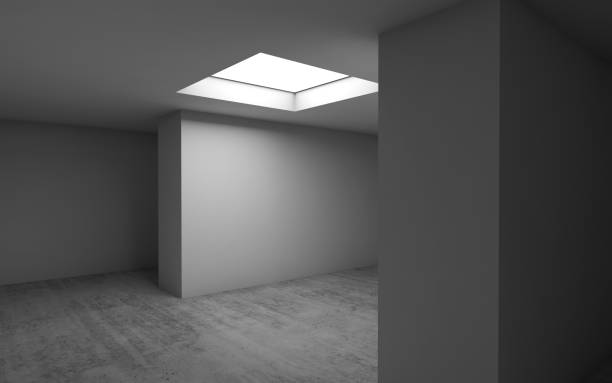 Empty room interior background, 3 d render Abstract contemporary architecture template, empty interior background with concrete floor and square ceiling light window. 3d render illustration sky light background stock illustrations