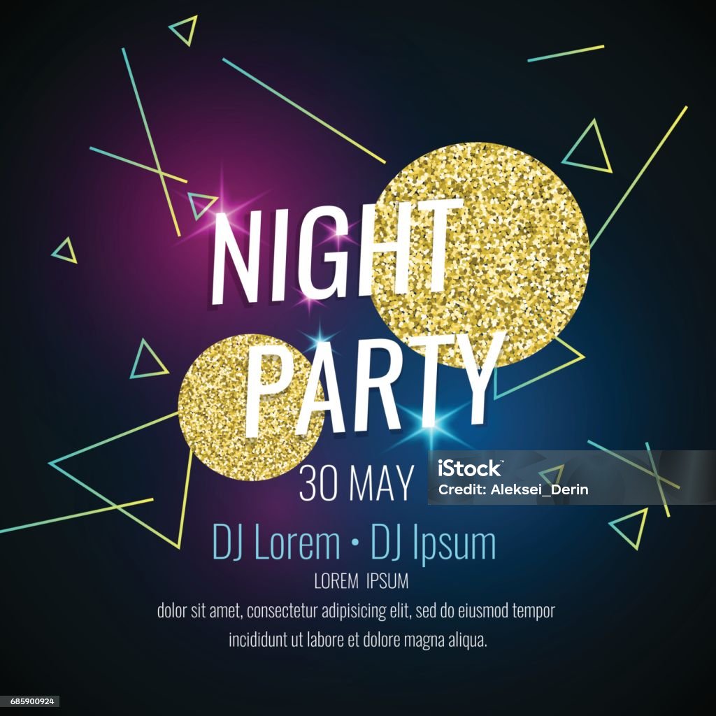 Fashion poster night party abstract style with glitter, rays, triangles and text Fashion poster night party abstract style with glitter, rays, triangles and text on a dark background Dancing stock vector