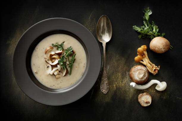 Soups: Mushroom Soup Still Life Soups: Mushroom Soup Still Life soup photos stock pictures, royalty-free photos & images
