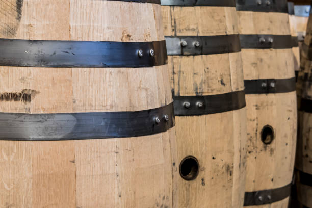 istock Row of Bourbon Barrels Standing 685901570