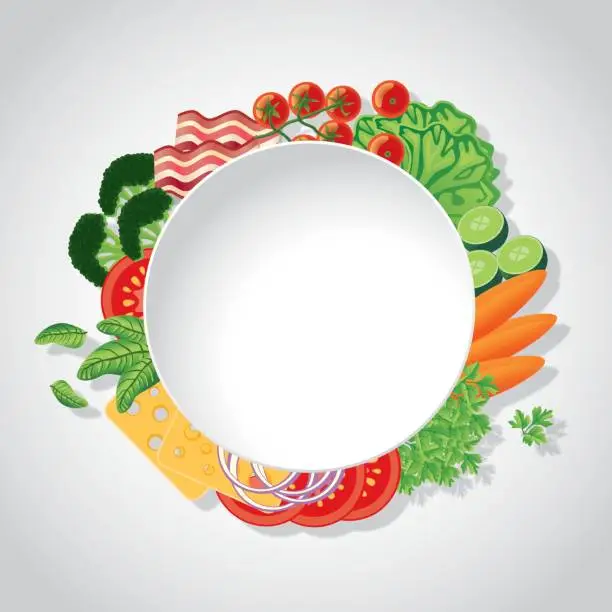 Vector illustration of Empty Plate Food and Vegetables Surrounded by food and fresh Vegetables