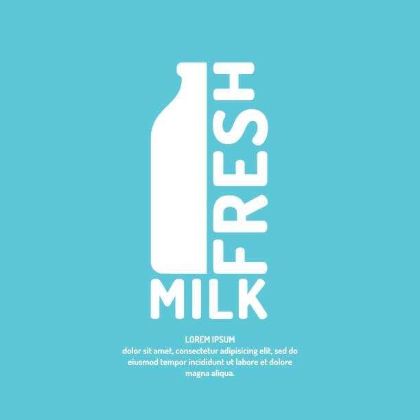 illustrazioni stock, clip art, cartoni animati e icone di tendenza di poster latte fresco con bottiglia e testo, illustrazione vettoriale in stile minimalista piatto - milk milk bottle bottle glass