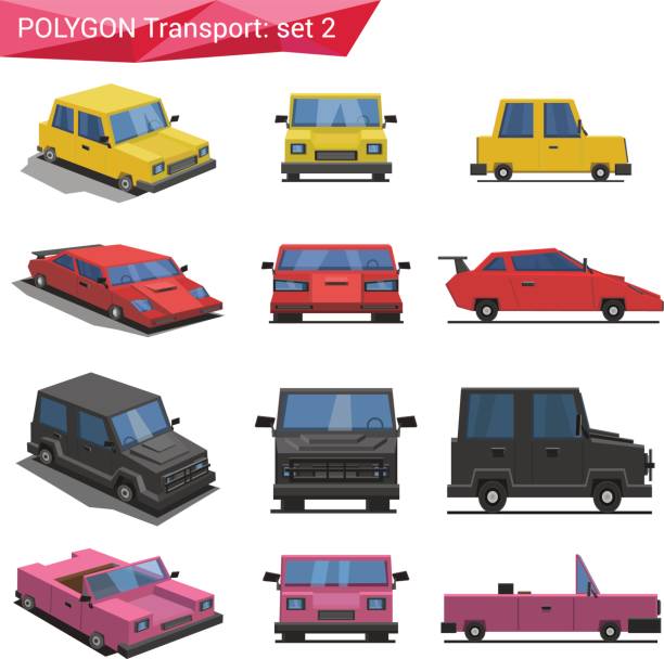 istock Polygonal style vehicles vector icon set. Yellow car, sport car, van, cabriolet. 
Polygon transport collection. 685915944