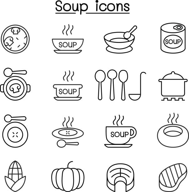 ikona zupy ustawiona w cienkim stylu liniowym - spoon heat pumpkin eating stock illustrations