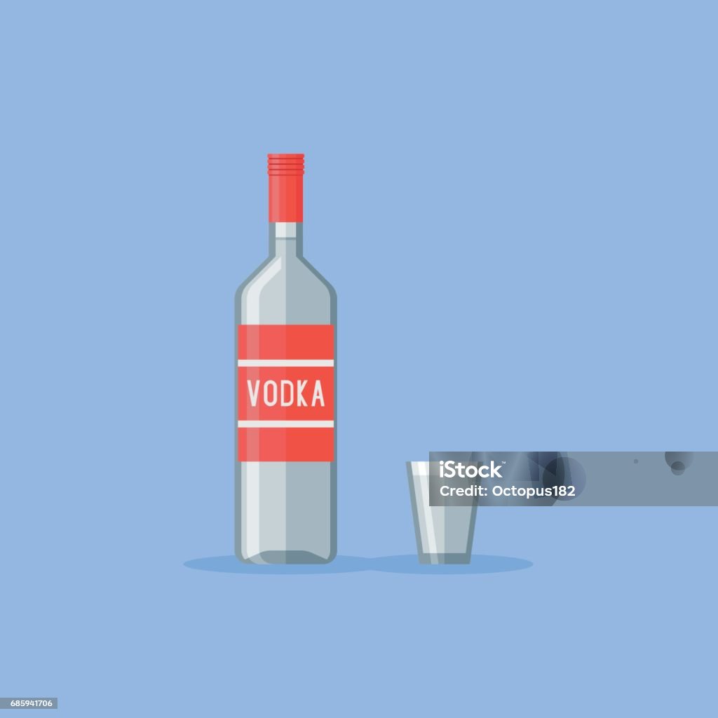 Classique bouteille et verre de style plat vodka vector illustration. - clipart vectoriel de Vodka libre de droits