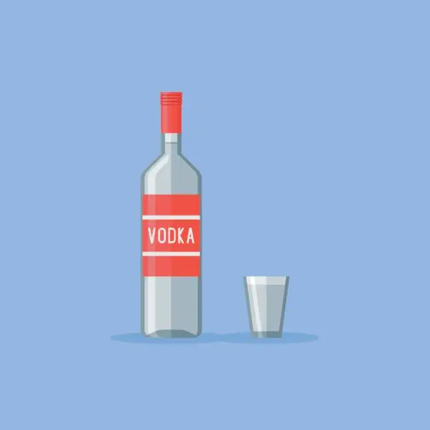 Vector illustration of Classic bottle and shot glass of vodka Flat style vector illustration.