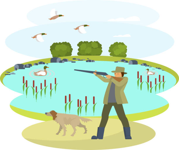 ilustrações, clipart, desenhos animados e ícones de caçador com um cão - dog set humor happiness