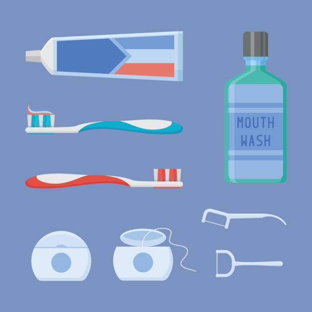 Set of dental cleaning tools. Flat style vector illustration. Set of dental cleaning tools. Toothpaste, toothbrush, mouthwash, dental floss and toothpick isolated on blue background. Flat style vector illustration. toothbrush stock illustrations