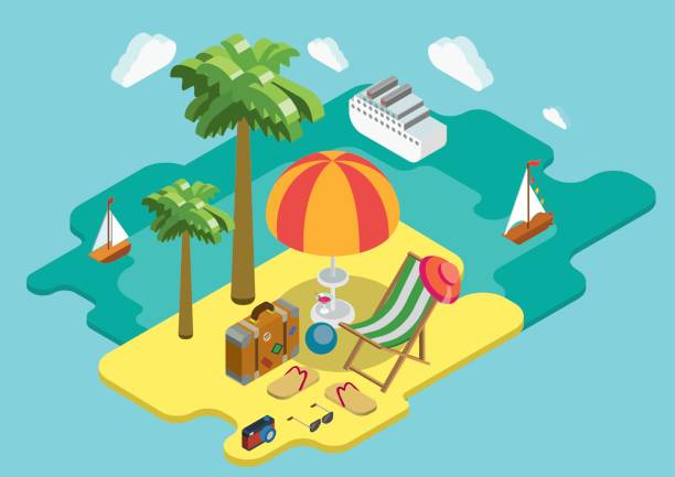 ilustrações de stock, clip art, desenhos animados e ícones de beach sea ocean cruise summer vacation flat 3d isometric pixel art modern design concept vector. palm island chaise lounge deck chair suitcase thongs. web banners website infographics illustration. - 1474