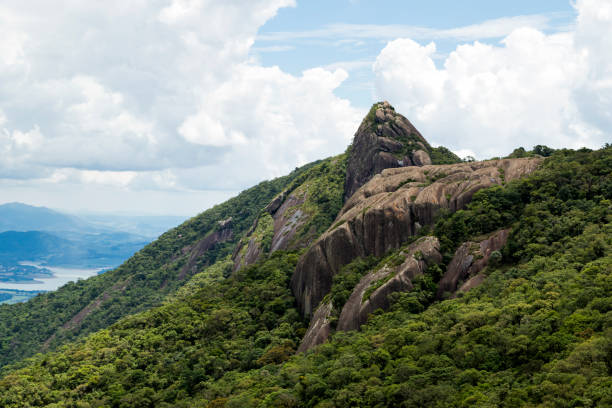 istock horizontal view of a mountain rock face with some trees under a blue sky with white clouds -  pico e serra do lopo 685949350