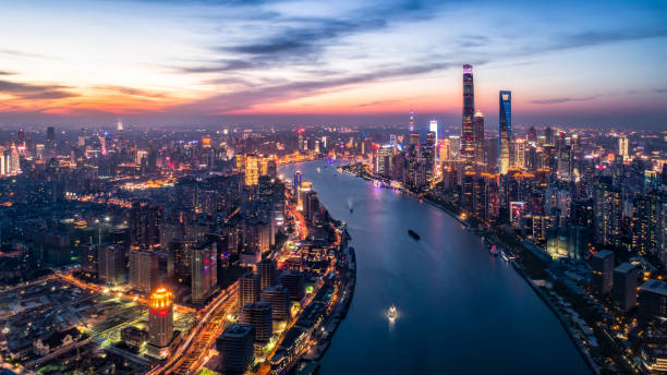 istock dramatic sunset aerial view of Shanghai 685960964