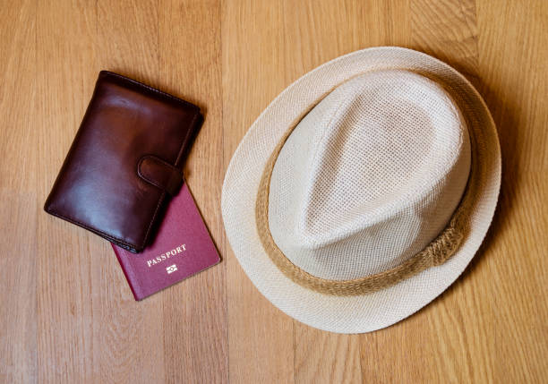 istock Travel accessories. Hat, wallet, passport 685967764