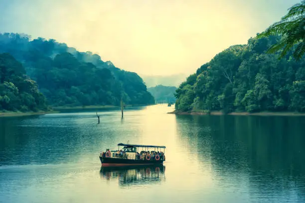 Photo of A scenic view of tourist boat on lake at Periyar national park, Kerala