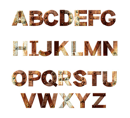 Alphabet - letters from rusty metal with rivets. Isolated on white background. 3d render
