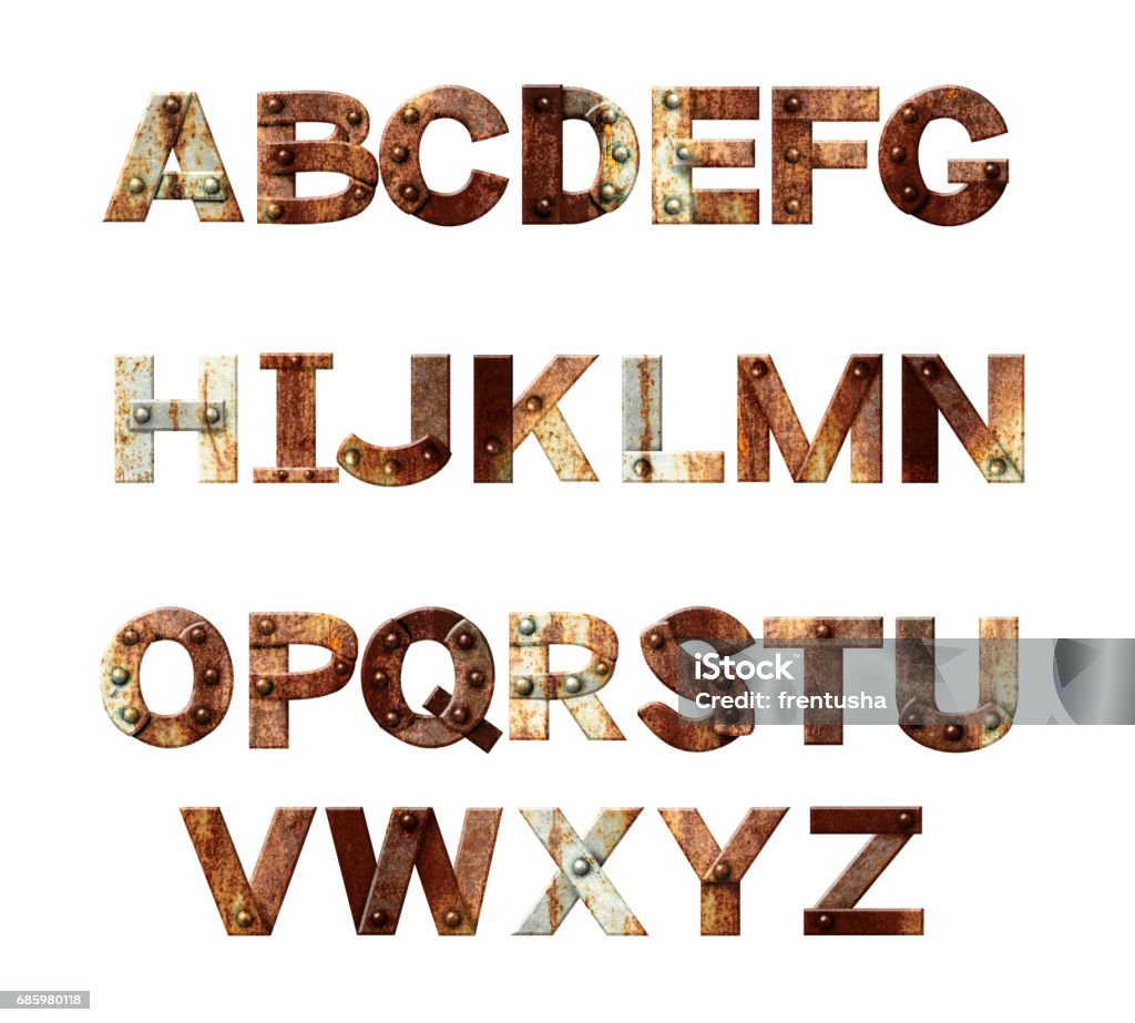 Alphabet - letters from rusty metal with rivets Alphabet - letters from rusty metal with rivets. Isolated on white background. 3d render Text Stock Photo