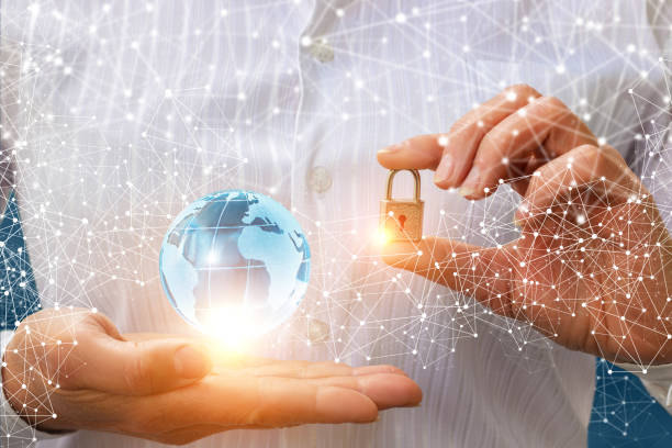 istock Businessman puts protection for the network. 685984478