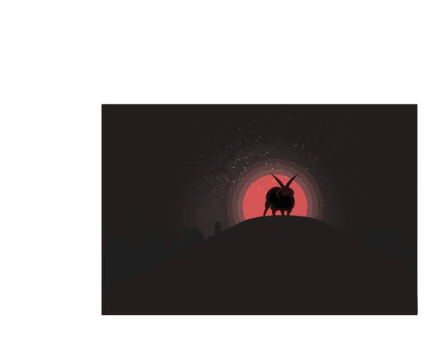 Satanic horned sheep during blood moon A flat vector illustration of a silhouetted satanic horned sheep on a hill, in front of a city during a blood moon. satan goat stock illustrations