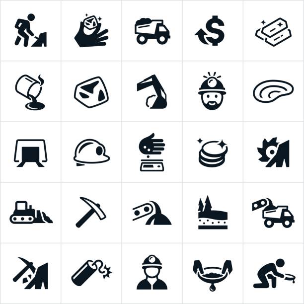 Gold Mining Icons A set of gold mining icons. The icons include miners, gold, mines, mining, heavy mining equipment, panning for gold and mining equipment to name a few. gold mining panning stock illustrations