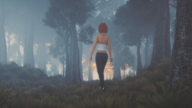 istock Woman walking in mysterious forest 685999508