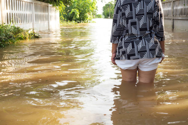 back of woman standing in flood. flooding in house. closeup on her leg. - wading imagens e fotografias de stock