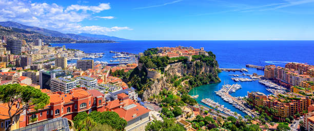 Skyline of Monaco with Prince Palace, old town and port Panoramic view of Monaco and Monte Carlo with the od town, port and Prince's Palace monte carlo photos stock pictures, royalty-free photos & images