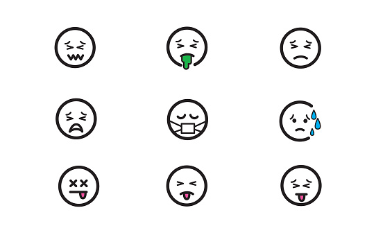 Set of 9 vector illustration emoticons /emojis representing similar expressions.