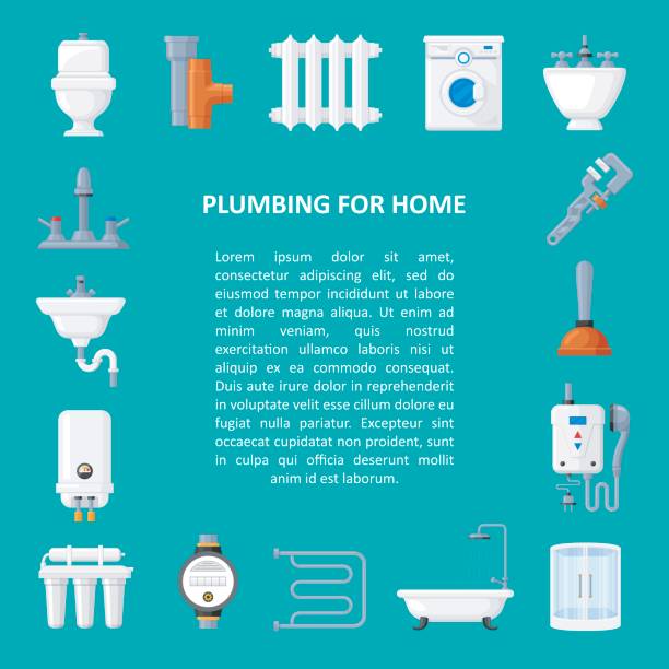 ilustrações, clipart, desenhos animados e ícones de banner vetor de encanamento em estilo plano - sink toilet bathtub installing