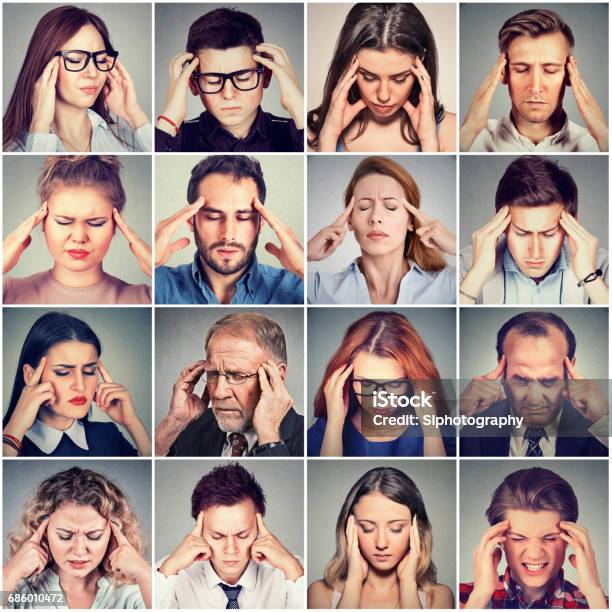 Group Of Stressed Sad People Men And Women Having Headache Stock Photo - Download Image Now