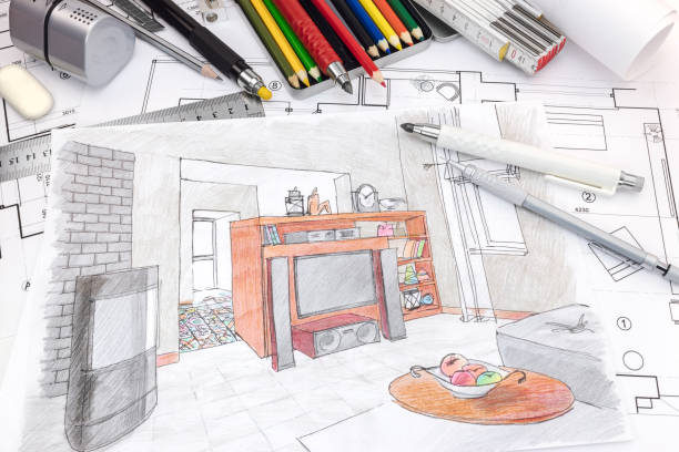 istock designers drawing tools on colored sketch of a living room 686013902