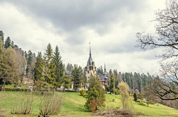 sinaia, romania-4 de abril de 2017: visita al castillo de los peles desde sinaís rumania, montañas cárpatos - mansion tudor style non urban scene residential structure fotografías e imágenes de stock