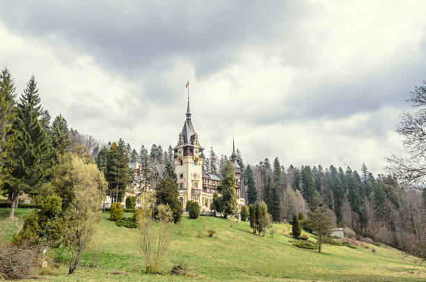 sinaia, romania-4 de abril de 2017: visita al castillo de los peles desde sinaís rumania, montañas cárpatos - mansion tudor style non urban scene residential structure fotografías e imágenes de stock