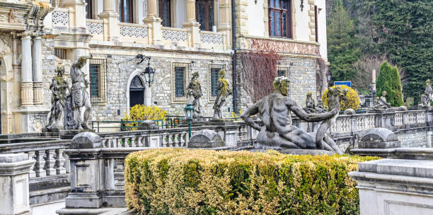 sinaia, romania - april 4, 2017: visiting the peles castle from sinaia romania, carpathian mountains - mansion tudor style non urban scene residential structure imagens e fotografias de stock