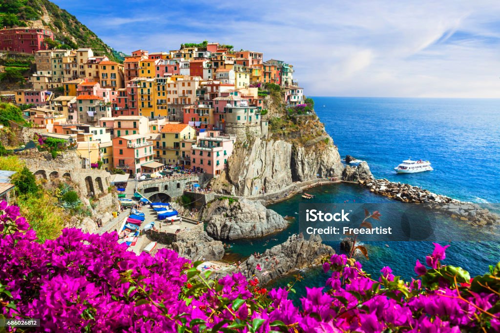 Colors of Italy series -Manarola village , Cinque terre Beautiful Ligurian villages " cinque terre" - popular touristic attraction Cinque Terre Stock Photo