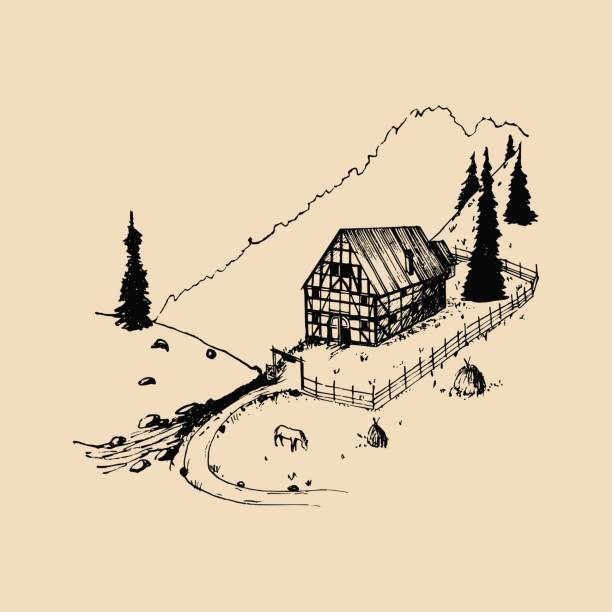 Sketch of german countryside homestead, peasants house in mountains. Vector hand drawn farm landscape illustration. Sketch of german countryside homestead, peasants house in mountains. Vector hand drawn farm landscape illustration university of missouri columbia stock illustrations