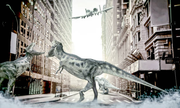istock dinosaurs fighting in the city center 686034754