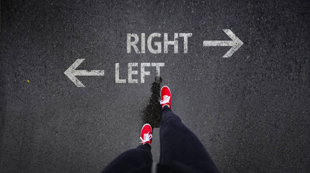 istock Red shoes standing next to right and left with arrows painted 686051136