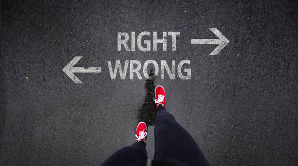 istock Red shoes standing next to right and wrong painted text 686051138