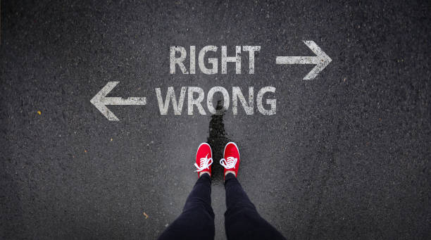 istock Red shoes standing next to right and wrong painted text 686051180