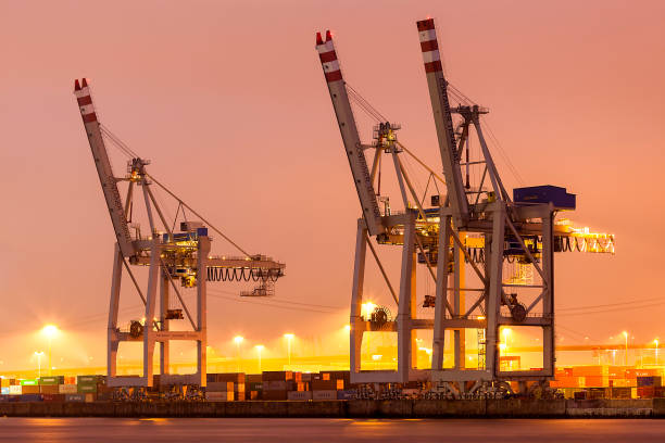 harbor cargo container terminal at night in hamburg, germany - hamburg germany harbor cargo container commercial dock imagens e fotografias de stock