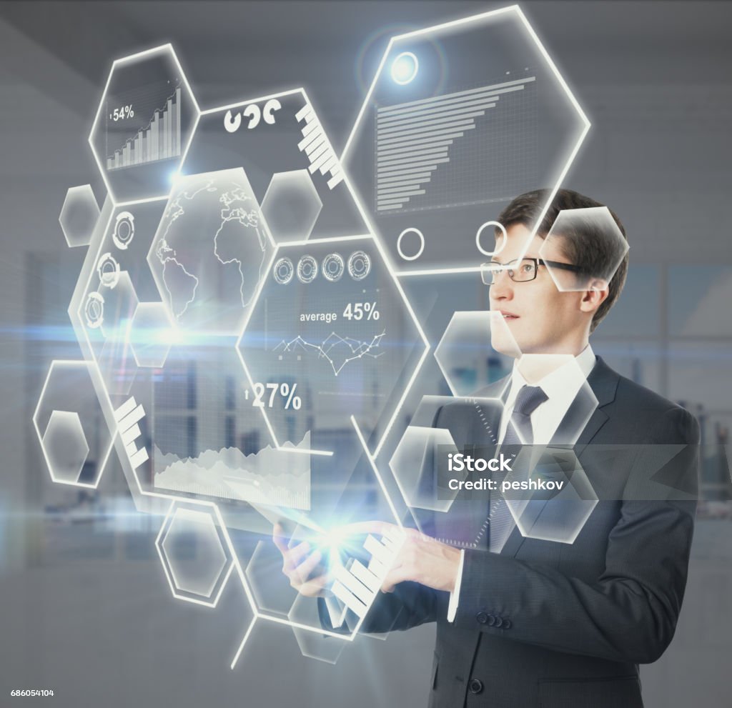 Using Device Chart Man Using Device With Charts Stock Photo - Download Image Now - Adult ...