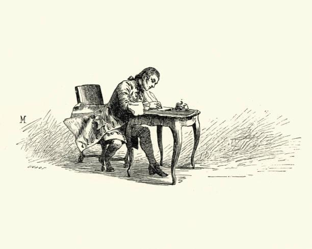 Manon Lescaut - Man sat at desk writing a letter Illustration from the story Manon Lescaut by Abbe Prevost. Set in France and Louisiana in the early 18th century, the story follows the hero, the Chevalier des Grieux, and his lover, Manon Lescaut. Man sat at desk writing a letter man writing stock illustrations