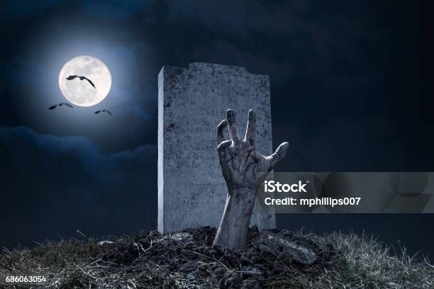 Zombie Hand Halloween Graveyard Night Monster Scary Stock Photo - Download Image Now